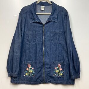 Blair Denim Jean Jacket XL Embroidered Floral Pockets Zip Up Blue